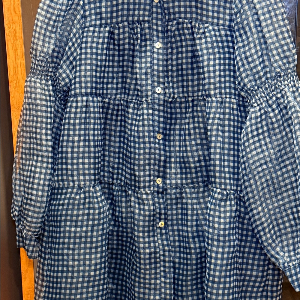 Listicle navy plaid button-down sheer tiered mini dress with puff sleeves.  Sz M - Picture 7 of 15